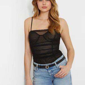 GUESS Women’s Sexy Ruched Sheer Mesh Tulle Bodysuit, NWT, Size Medium